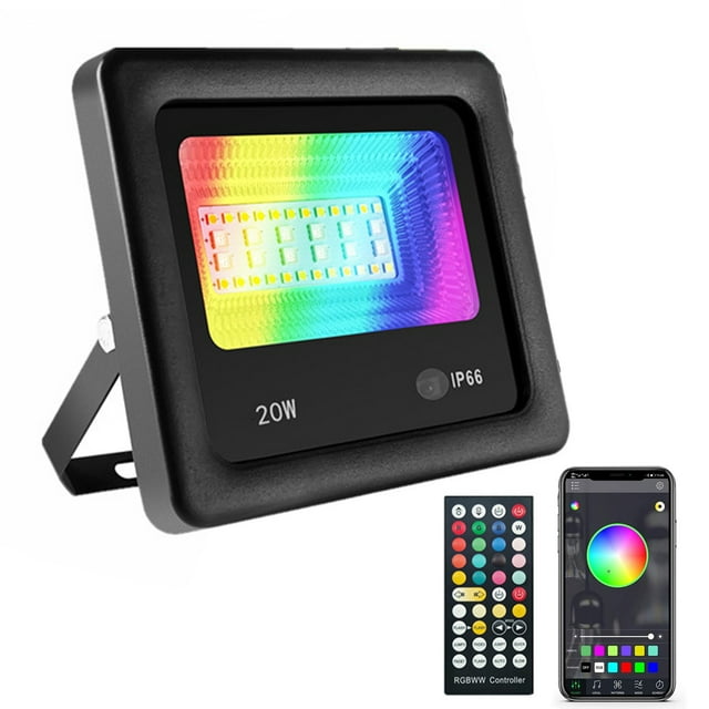 Projecteur Extérieur 20W RGBCW, Projecteur Étanche IP66 avec Télécommande, Contrôle par Application Mobile, Synchronisation Musicale, Minuterie, Adapté pour Mariage, Anniversaire, Éclairage de Scène
