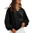 thumbnail image 2 of Women's V-Neck Lace Detail Sweatshirt, Soft Puffed Sleeve Pullover Top with Ribbed Trim, Cropped Casual Loose Fit Tops for Fall Fashion and Daily Comfort Wear Black XXL, 2 of 5