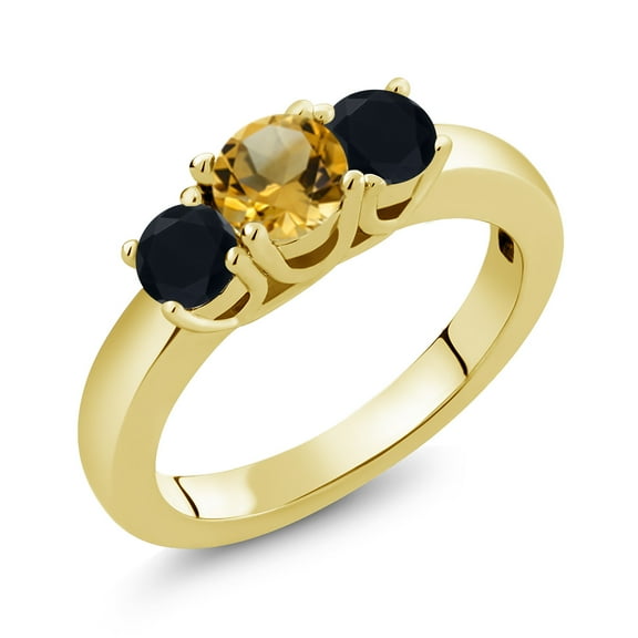 Gem Stone King 1.17 Ct Round Yellow Citrine Black Onyx 18K Yellow Gold Plated Silver Ring (Size 8)