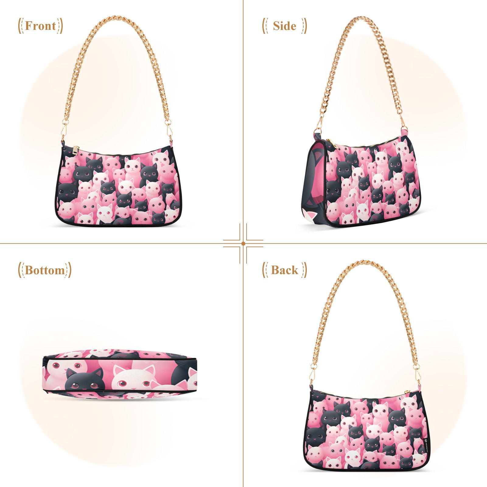 Cats Black Pink CartoonWomen Small Shoulder Bag Crossbody Tote Hobo Bags Purse Clutch Handbags with Chain Strap for Women
