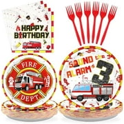 96Pcs Fire Truck 3rd Birthday Decorations Firefighter 3rd Birthday Plates and Napkins Tableware Sets Sound the Alarm Party Decorations for Boys Firetruck Fireman 3 Years Old Party Supplies Serve 24