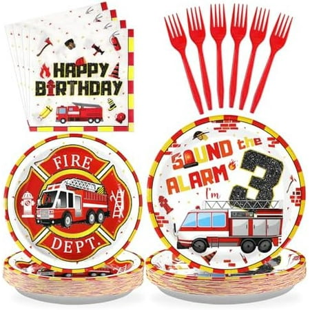 96Pcs Fire Truck 3rd Birthday Decorations Firefighter 3rd Birthday Plates and Napkins Tableware Sets Sound the Alarm Party Decorations for Boys Firetruck Fireman 3 Years Old Party Supplies Serve 24