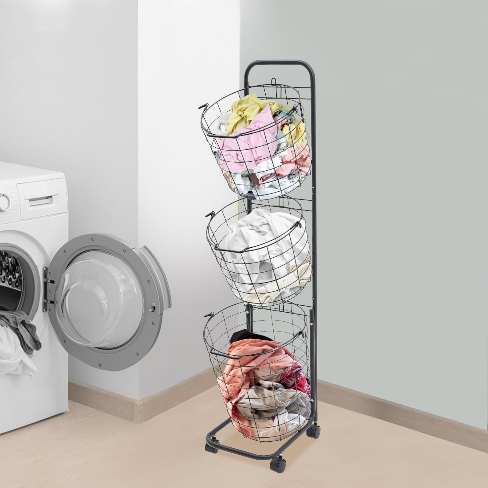 Laundry Basket on Wheels,3 Tier Large Laundry Hampers Clothing Sorting Laundry Baskets Metal Sorter Storage Trolley