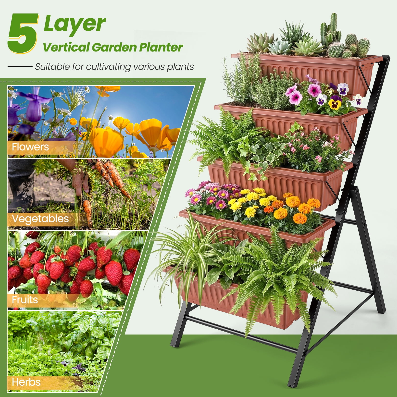 Funcid 4 ft Vertical Garden 5-Tier Raised Garden Bed for Patio Balcony Flower Herb Freestanding Garden Planter Box Brown, 26"×22.75×45"
