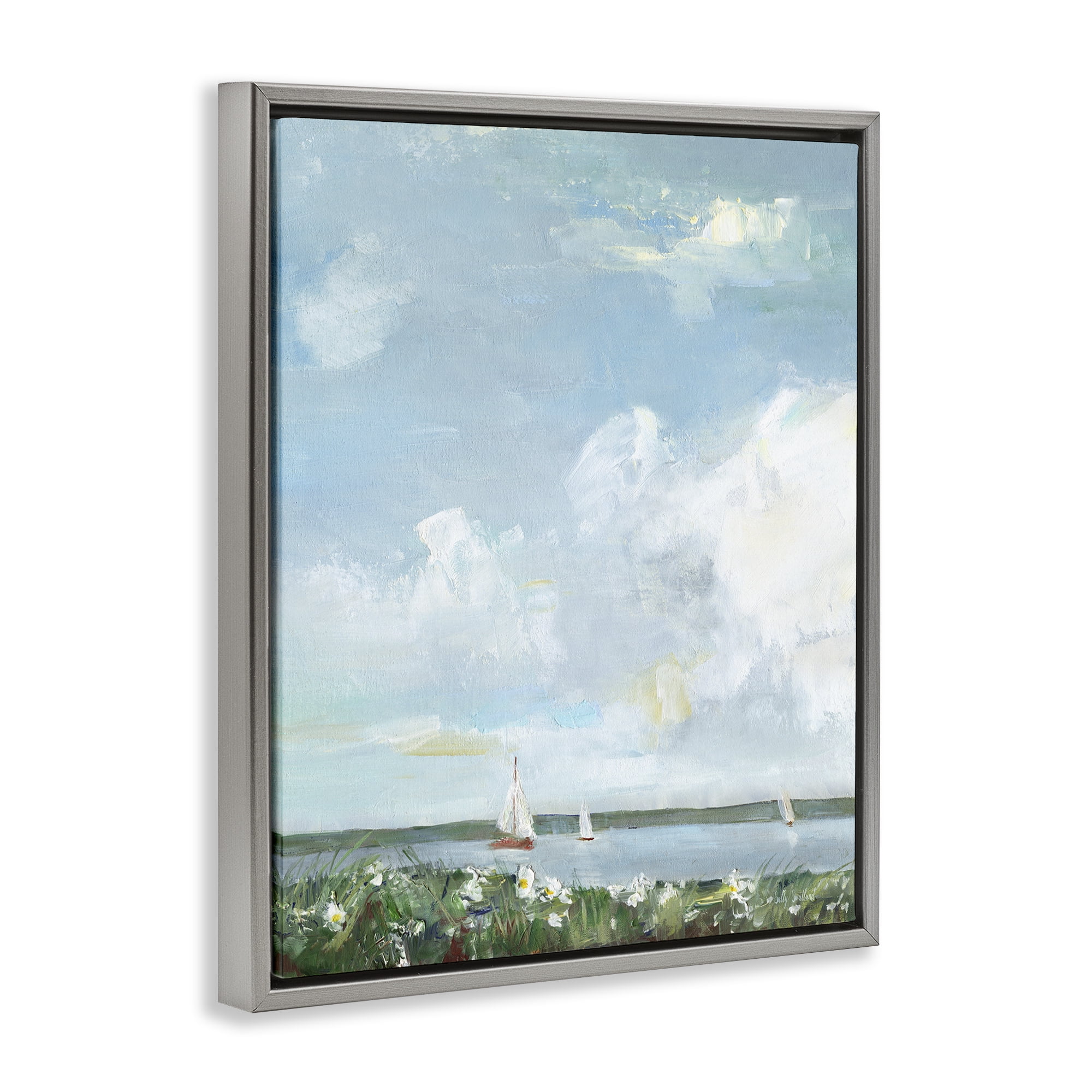 Stupell Industries Seaside Sailing Under Clouds Gray Framed Floater Canvas Wall Art, design by Sally Swatland