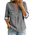 thumbnail image 2 of Kadlawus Long Sleeve Loose V Neck Denim Button Down Shirt Women Fall Casual Basic Pullover Tops Soft Stretchy Comfort Commute Travel Home Daily Wear, Gray 2XL, 2 of 7