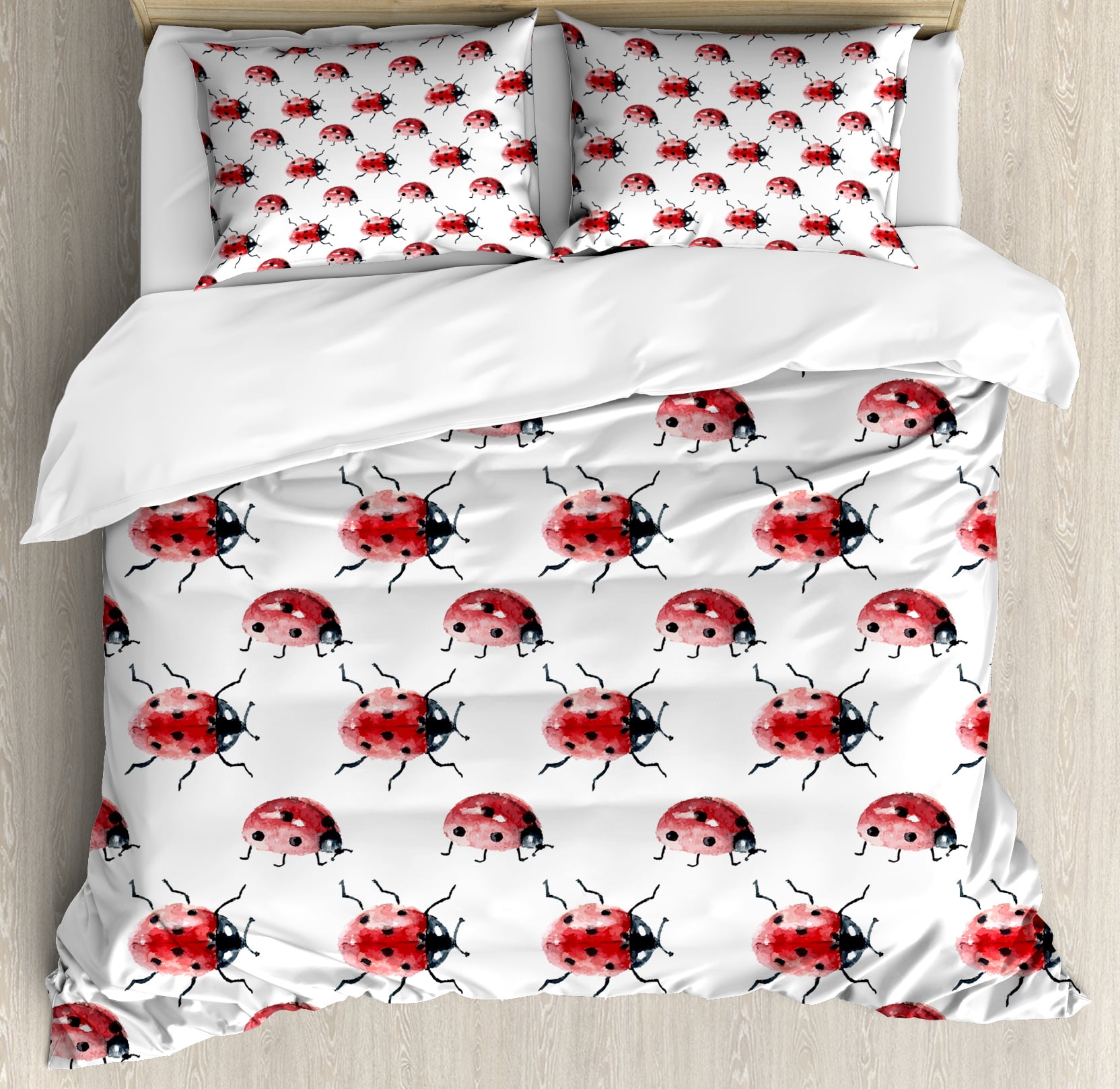 Watercolor Duvet Cover Set, Lady Bug Pattern Cute Animal Design Insect
