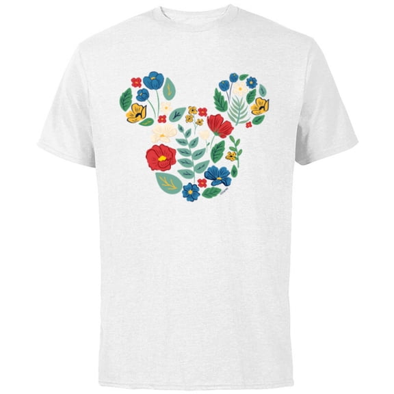 Disney Mickey Mouse Head Shape Icon Flowers Garden Spring - Short Sleeve Cotton T-Shirt for Adults - Customized-White