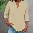 thumbnail image 2 of WTOBBY Women's Loose Fit V-Neck Button Down 3/4 Sleeve Tops, Cute Solid Summer Beach Tee Shirts, Casual Linen Blouse for Comfortable Wear,Beige L, 2 of 5