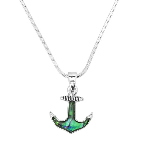 Anchor Pendant Necklace Abalone Shell Rhodium Plated 17 Inch Snake Chain J0845