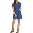 thumbnail image 2 of INSPIRE CHIC Women's Turndown Collar Chambray Solid A-Line Shirt Dress with Pockets, 2 of 6