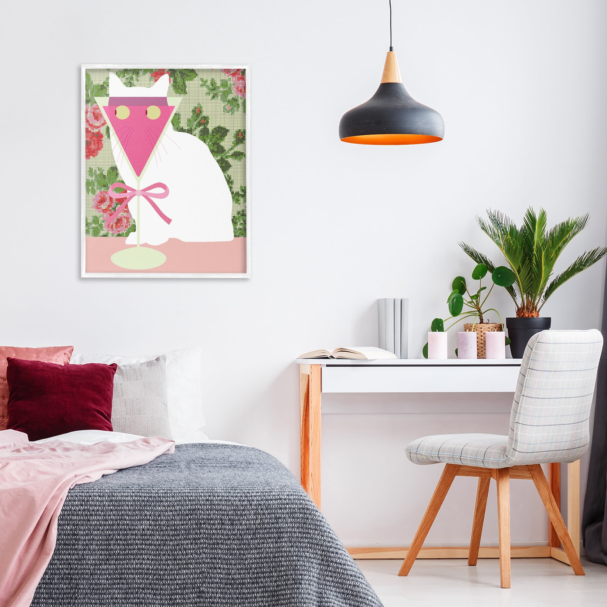 Stupell Industries White Cat with Pink Martini White Framed Giclee Art, design by Lil' Rue