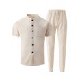 thumbnail image 4 of Men's Waffle Knit 2 Piece Tracksuit Outfit, Mandarin Collar Short Sleeve Button Down Shirt & Drawstring Straight Leg Pants Big and Tall Size S-3XL Khaki, 4 of 5
