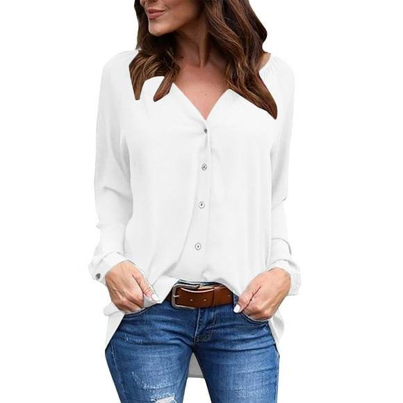 IROINNID Discount Plus Size Shirts for Women Casual Spring And Summer Flounce V-neck Solid Color Long Sleeved T-shirt Top,White