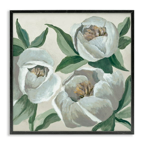 Stupell Industries Round White Peonies Plants & Flowers Painting Black Framed Art Print Wall Art, 12 x 12