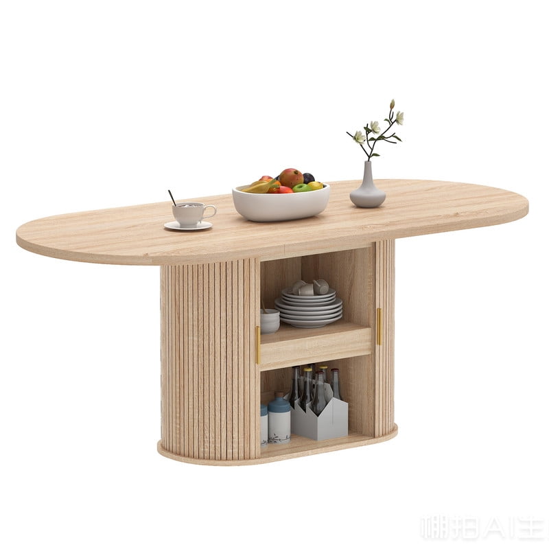 Uforic Oval Dining Table for 6-8 People, 70.9" Modern Kitchen Table with Fluted Base and Storage, Oak