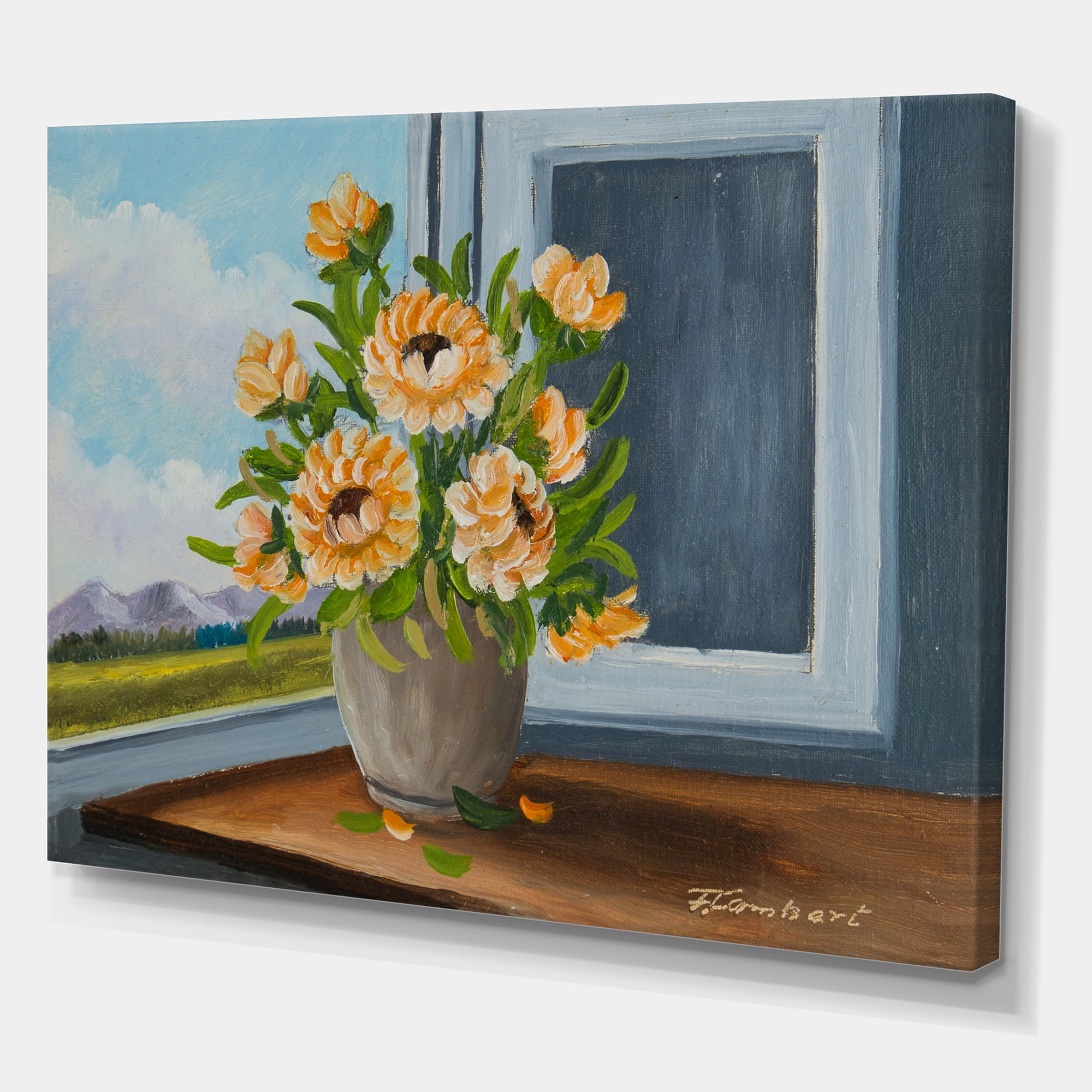 Designart ' Still Life With Orange Flowers In Vase At The Window ' Traditional Canvas Wall Art Print
