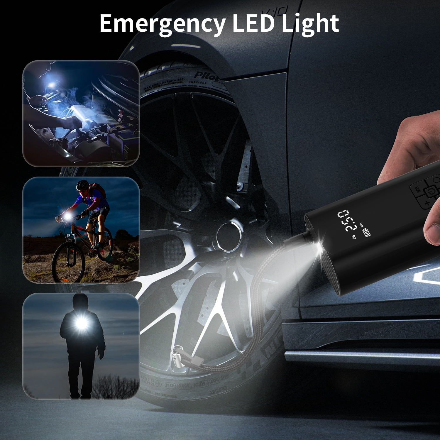 Tire Inflator Portable Air Compressor, 12000mAh&150PSI Cordless Electric Air Pump with Digital Pressure Gauge, Power Bank & Emergency LED Light, Rechargeable Tire Pump for Car Motorcycle Bicycle Ball