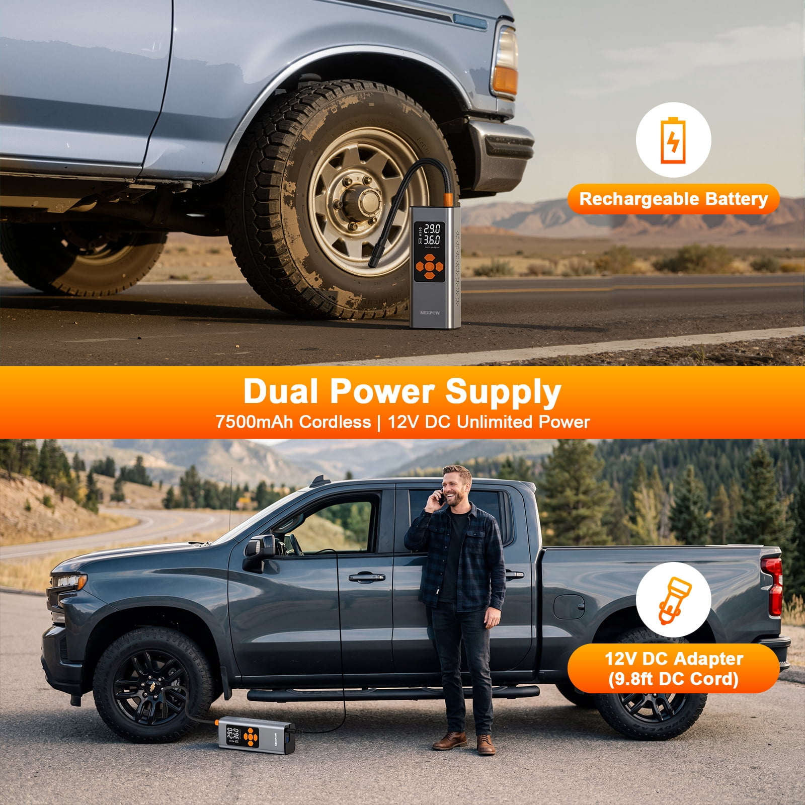 NEXPOW 150PSI Cordless Tire Inflator, 7500mAh Air Compressor with Dual-Screen Display & Auto Shut-Off, Portable Air Pump for Car/Motorcycle/Bike, USB Power Bank + LED Light, Gray