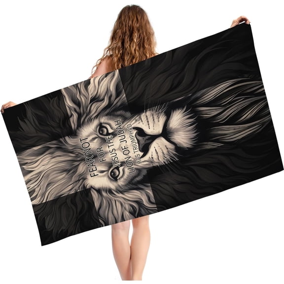 Microfiber Lion Beach Towel Cross Jesus Christian Beach Towel Blanket, Sand Proof Swimming Bath Pool Towel for Travel Camping Yoga Sport