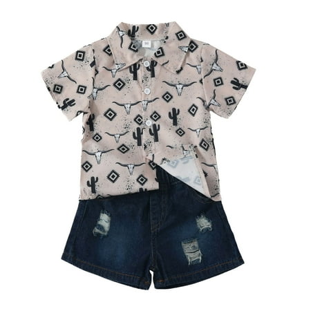 

ZRBYWB Toddler Boys Short Sleeve Cartoon Cow Print T Shirt Tops Denim Shorts Child Kids Gentleman Outfits Baby Clothes