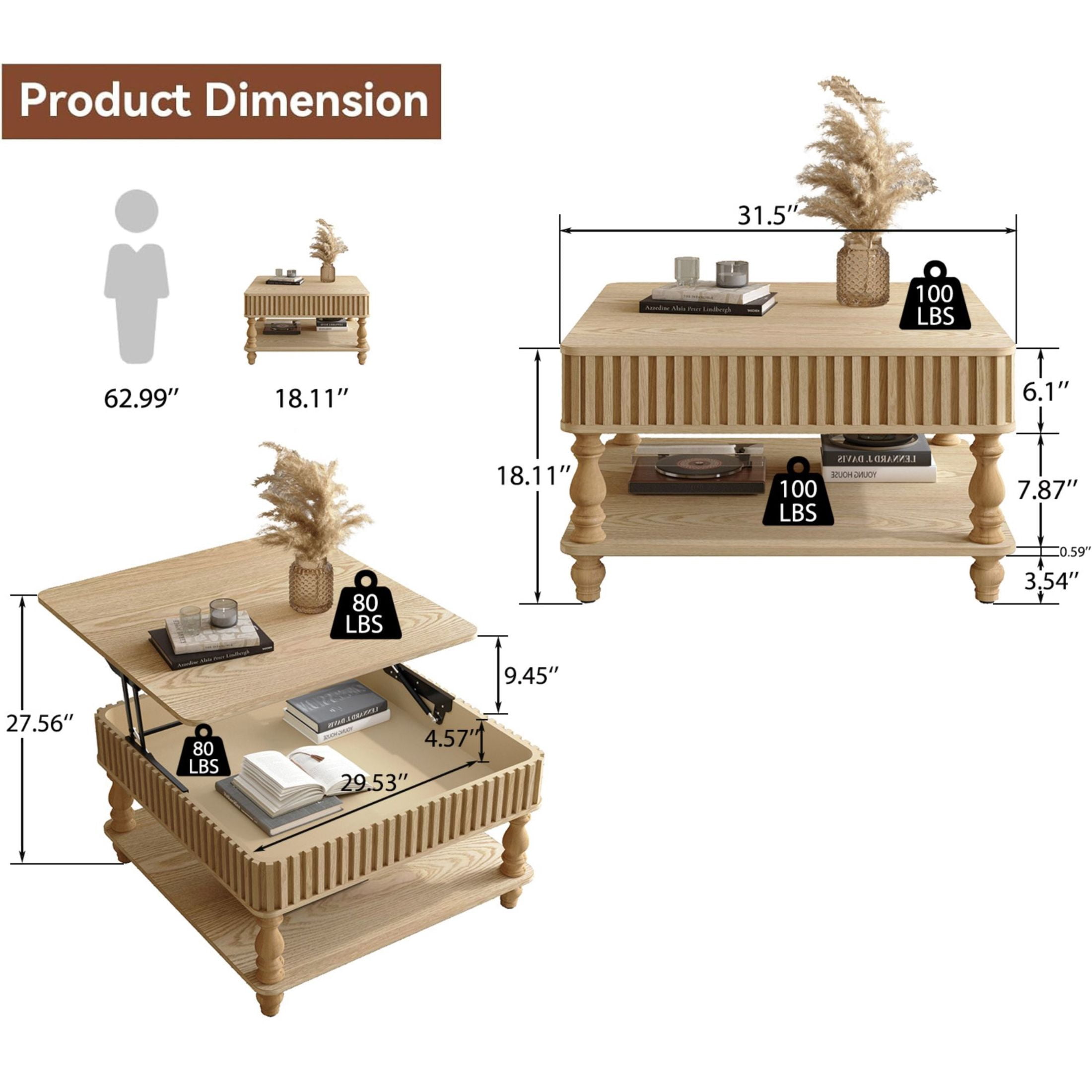 Noble House Square Fluted Lift-Top Coffee Table with Hidden & Open Storage, Hydraulic Design and Solid Wood Legs, Natural Wood