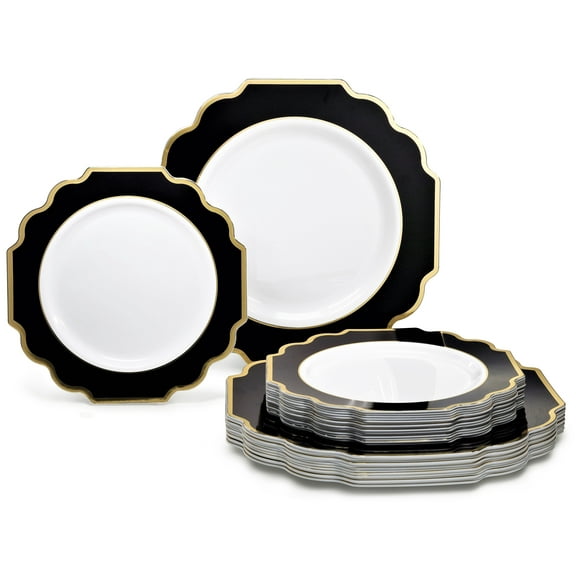 " OCCASIONS " 50 Plates Pack (25 Guests)-Heavyweight Wedding Party Disposable Plastic Plate Set -(25x10.5'' Dinner 25x8'' Salad/dessert (Imperial in White/Black & Gold)