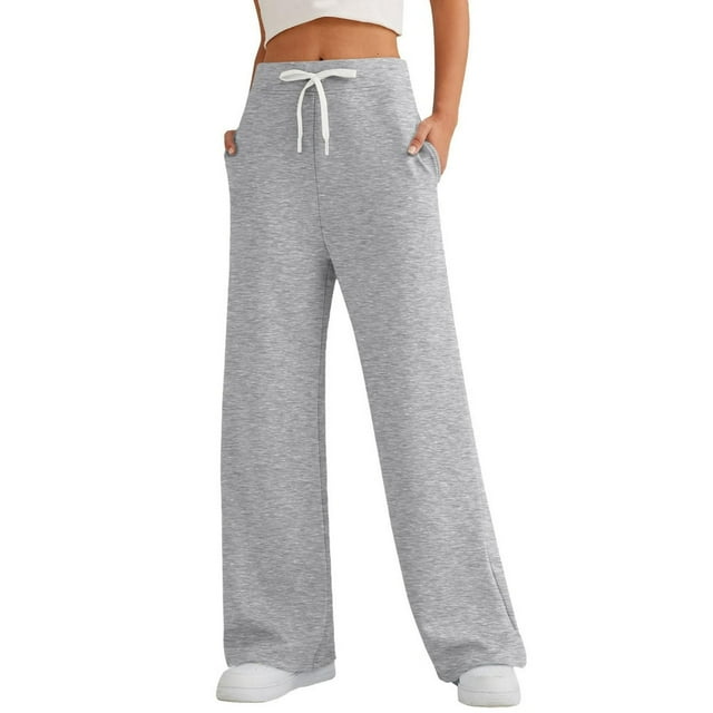 Western Sweat Pants for Women Fall Winter Solid Color Womens Wide Leg Pants Workout With Pockets High Waisted Sweatpants Drawstring Straight Baggy Pants Trendy Loose Jogger Pants Light Gr