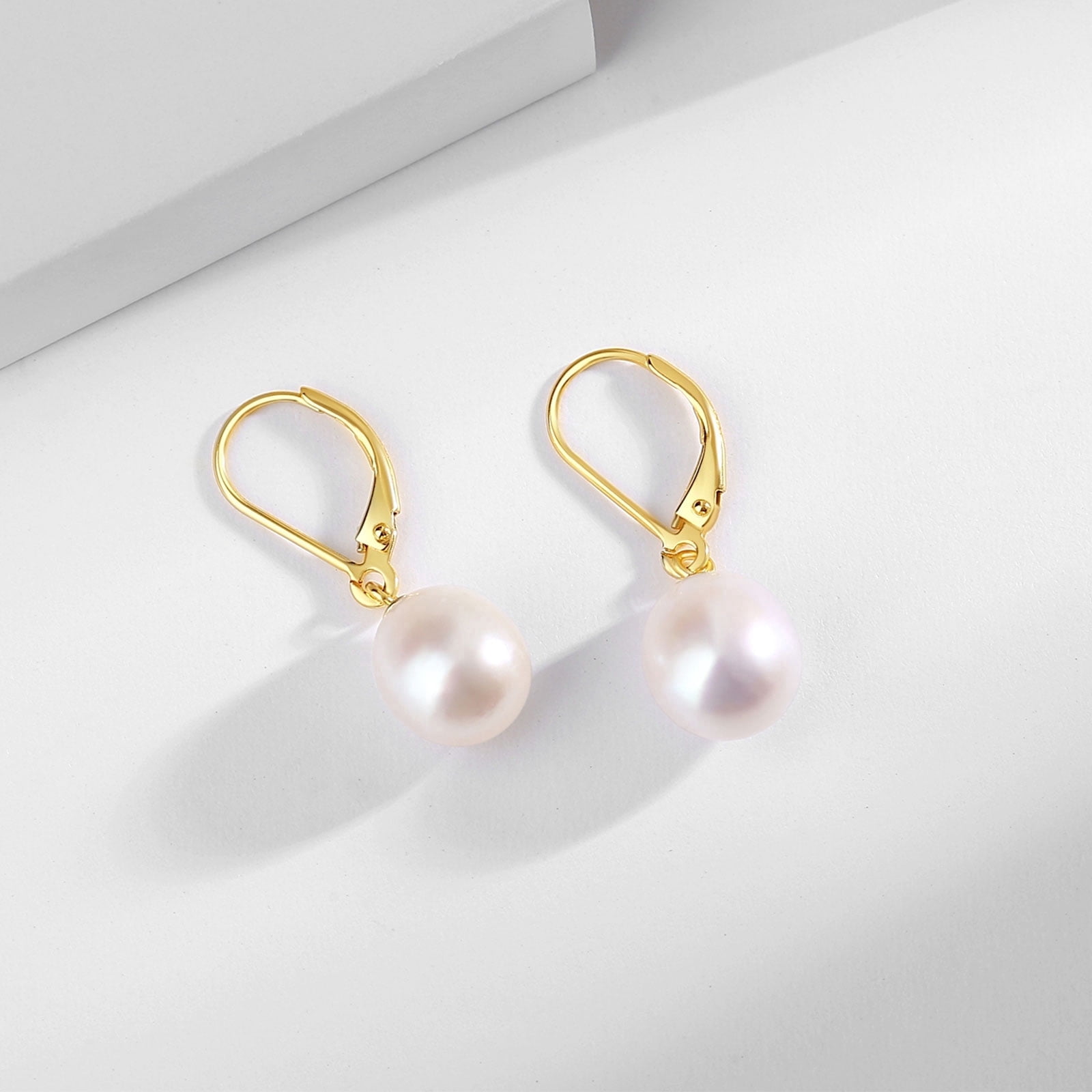 BAMIKI 8.5-9mm Cultured White Pearl Drop Earrings for Women, 925 Sterling Silver Leverback Dangle Earrings, Hypoallergenic Jewelry Gif