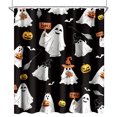 thumbnail image 1 of Cortina de ducha de tela con forma de fantasma de Halloween, con dibujos animados divertidos y espeluznantes, calaveras, para niños en blanco y negro, para fiestas navideñas, con ganchos, 1 of 5
