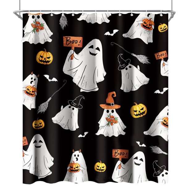 Cortina de ducha de tela con forma de fantasma de Halloween, con dibujos animados divertidos y espeluznantes, calaveras, para niños en blanco y negro, para fiestas navideñas, con ganchos