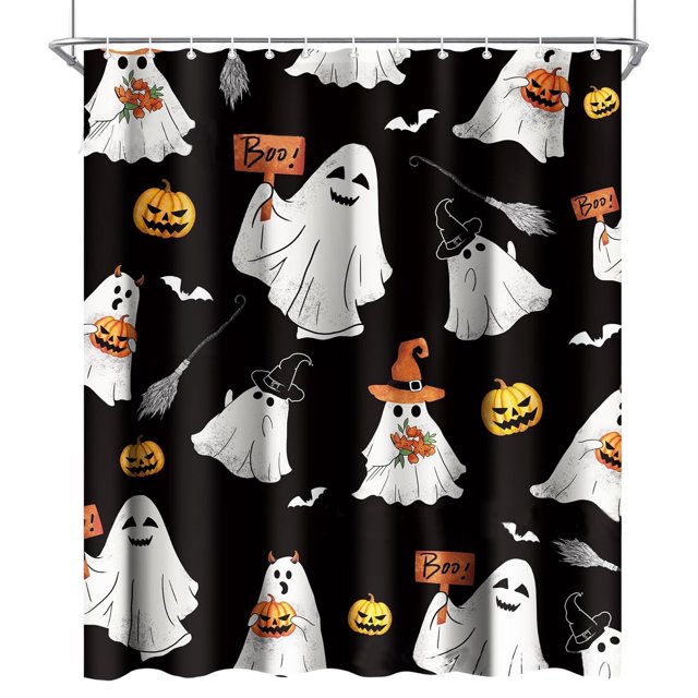 Cortina de ducha de tela con forma de fantasma de Halloween, con dibujos animados divertidos y espeluznantes, calaveras, para niños en blanco y negro, para fiestas navideñas, con ganchos