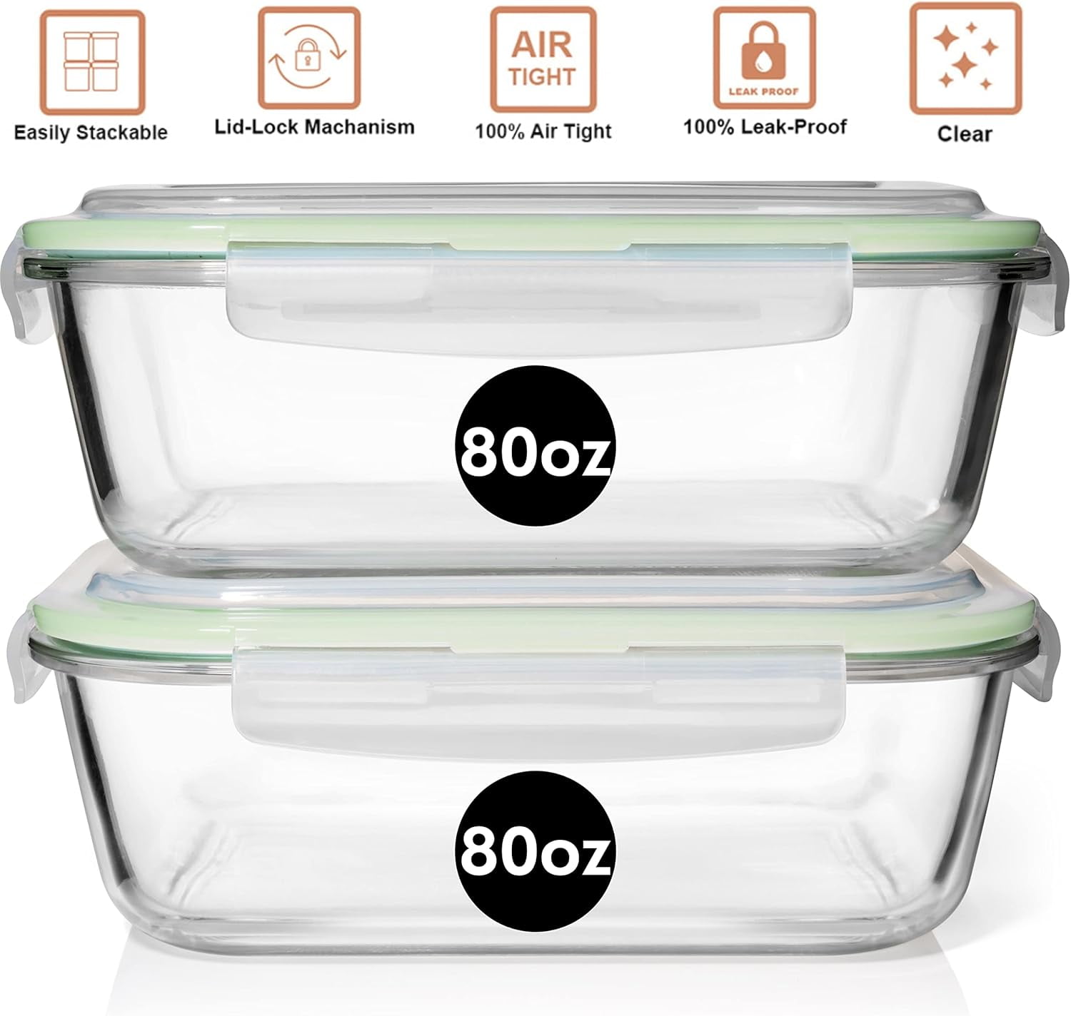 Razab 10 Cups, 80oz 4 Pc (Set of 2) Glass Food Storage Containers with Airtight Locking Lids for Storing and Serving Food, BPA Free, Leak Proof