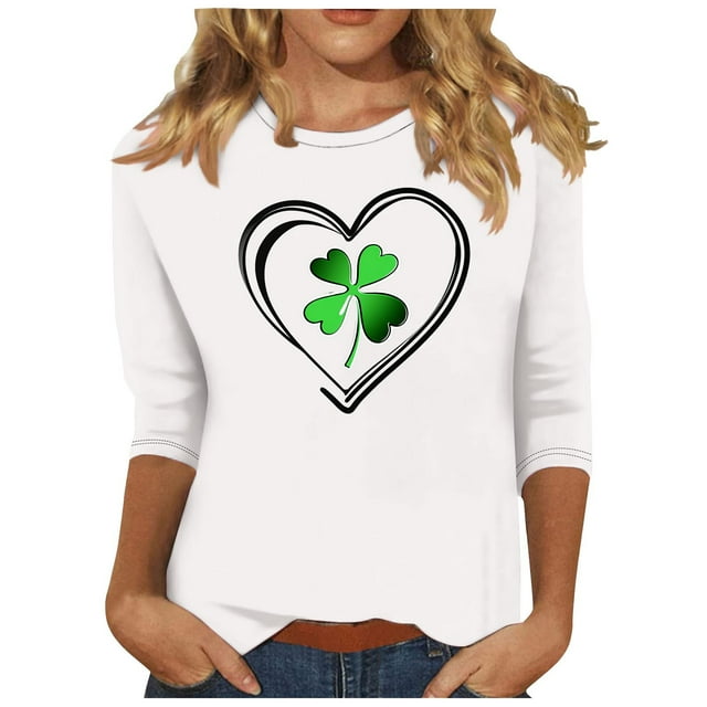 Hauts pour Femmes Chemisiers pour Dames à la Mode Imprimé de la Saint-Patrick Décontracté Imprimé Col Rond Manches 7 Pouces pour Femmes Blanc TG