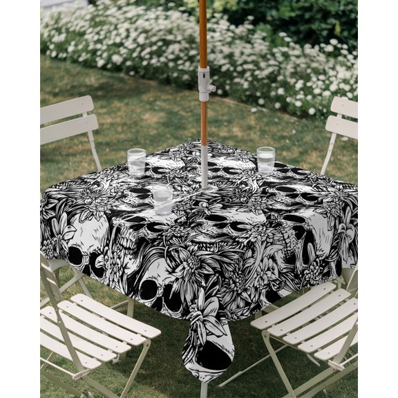 Outdoor Tablecloth with Umbrella Hole, Halloween Abstract Skull Flower Zippered Table Cloth for Rectangle Tables, Plant Sketch Black White Washable Waterproof Tablecloths for Picnic Patio Garden