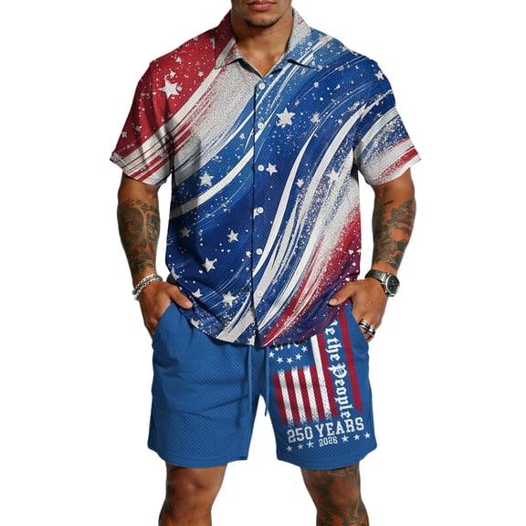Men's US 250 Years Anniversary 2 Piece Summer Outfits Casual Patriotic Short Sleeve Button Down Shirt Beach 4th of July Loose Shorts Sets
