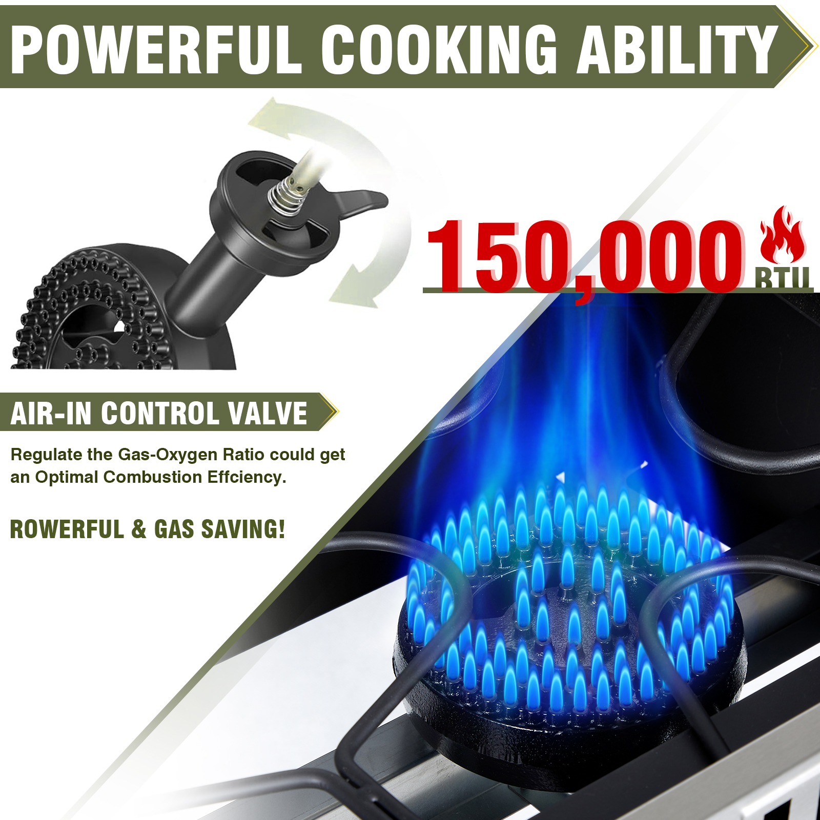 Frizi 2 Burner Gas Stove with Griddle, 150,000 BTU Propane Stove with Auto Ignition & Regulator, High-Pressure, Cast Iron