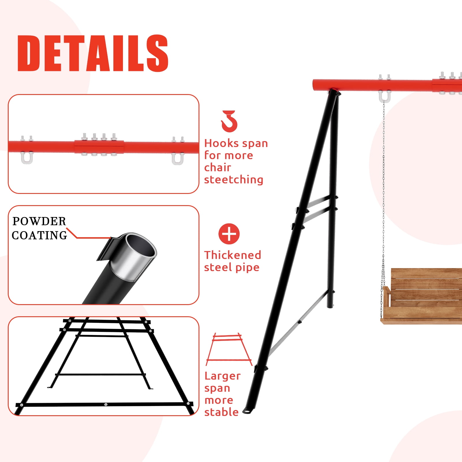 IVV Swing Stand for Porch, Outdoor Heavy Duty Swing Frame, Steel Metal Frame with 4 Ground Pegs, 73" Height Holds Up to 550lbs, Red (Swing NOT Included)