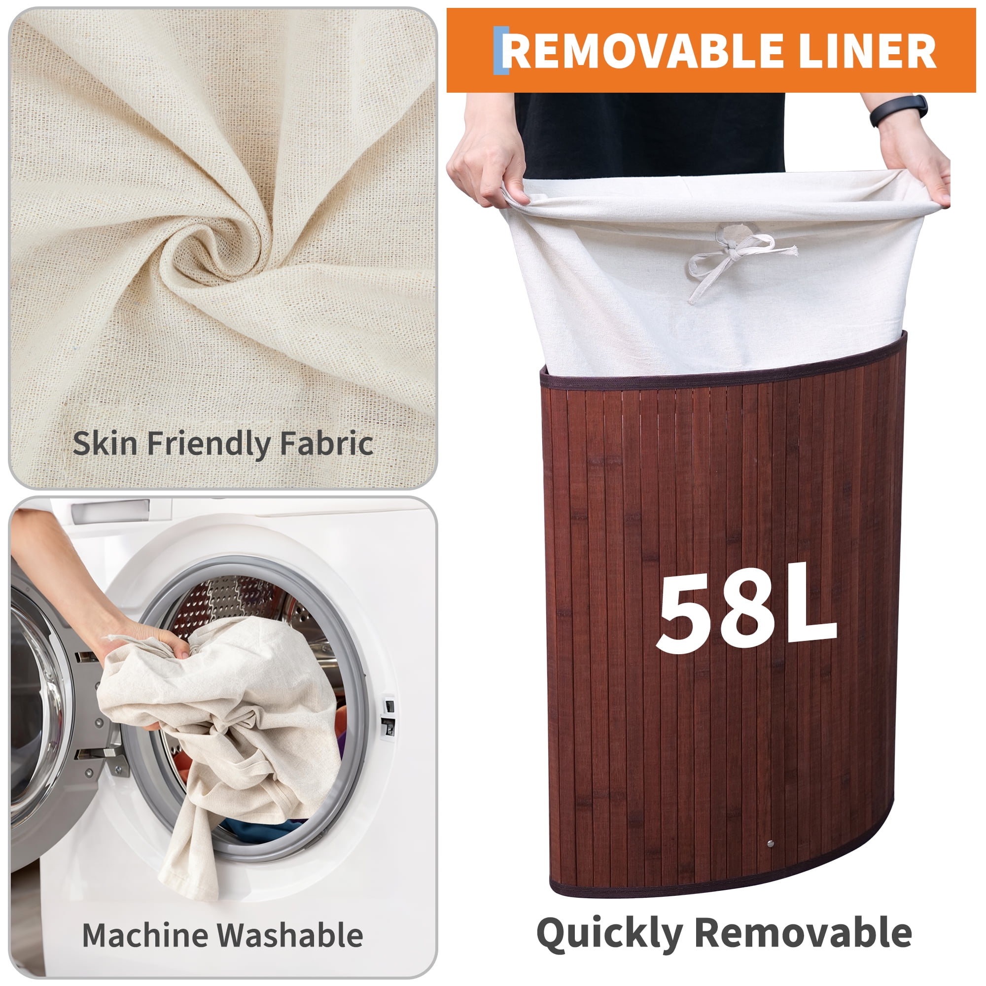 Corner Laundry Hamper with Lid, 19 Gallon/73 Liter Large Foldable Bamboo Laundry Basket with Washable Liner Bag, Wicker Clothes Hamper for Bedrooms Bathrooms Apartments, Brown