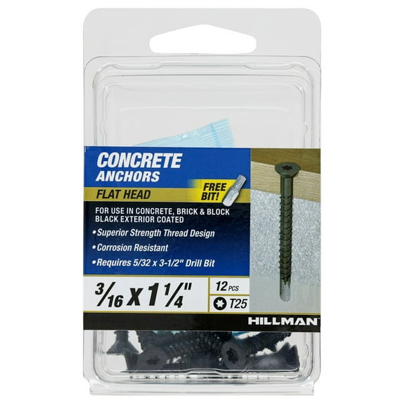 Hillman Concrete Screw Anchor Black, 3/16 x 1.25", Flat Head, Steel, New, 12 Pack