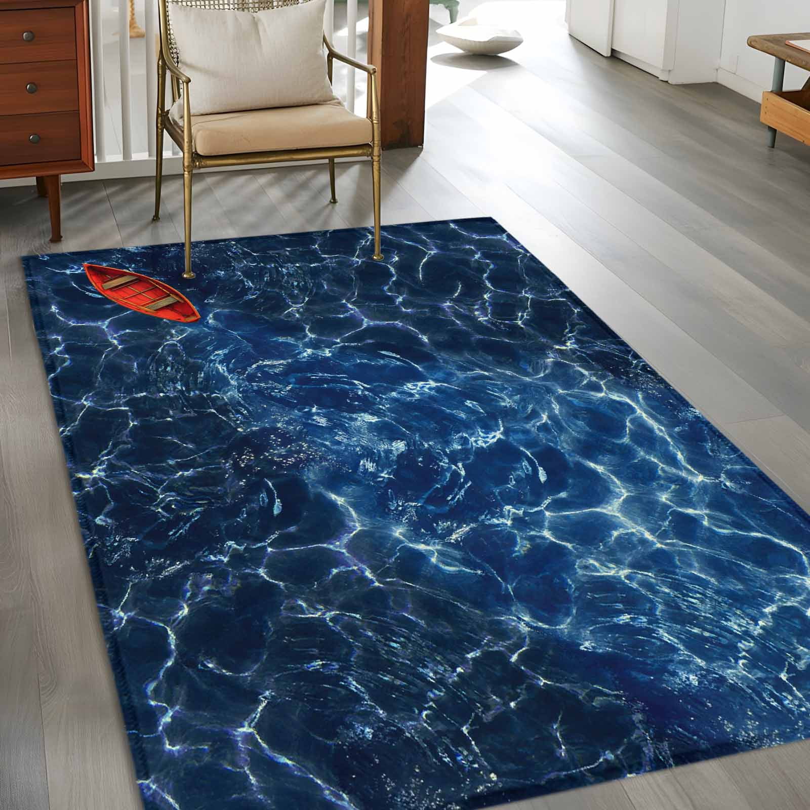 Navy Blue Ocean Waves Area Rugs 2.7'x5', Washable Small Throw Rugs for Kitchen Bedroom, Red Boat Coastal Indoor Outdoor Rug Non-Slip Low Pile Carpet Runner Reversible Floor Mats