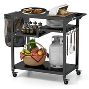 Costway Rolling Grill Cart 3-Shelf BBQ Table Pizza Oven Stand with Trash Bag Holder & Hooks