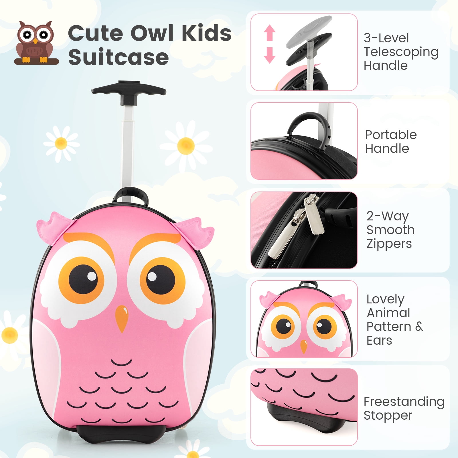 Infans 2PCS Kids Carry On Luggage Set 16" Owl Rolling Suitcase w/ 12" Backpack Travel