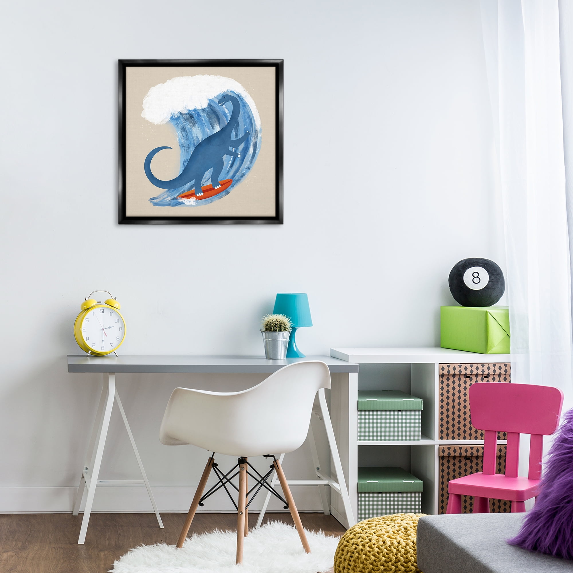 Stupell Industries Surfing Dino Brontosaurus Novelty & Humor Painting Black Floater Framed Canvas Art Print Wall Art, 25 x 25