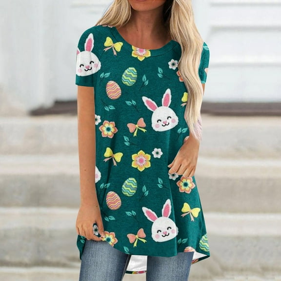 Jacenvly 2024 short sleeve summer shirts for women clearance Loose easter Women Summer Casual Print Sleeve T-shirt Blouse Pullover Quick drying bunny Trim FlounceCrewneck plus size tops Multicolor