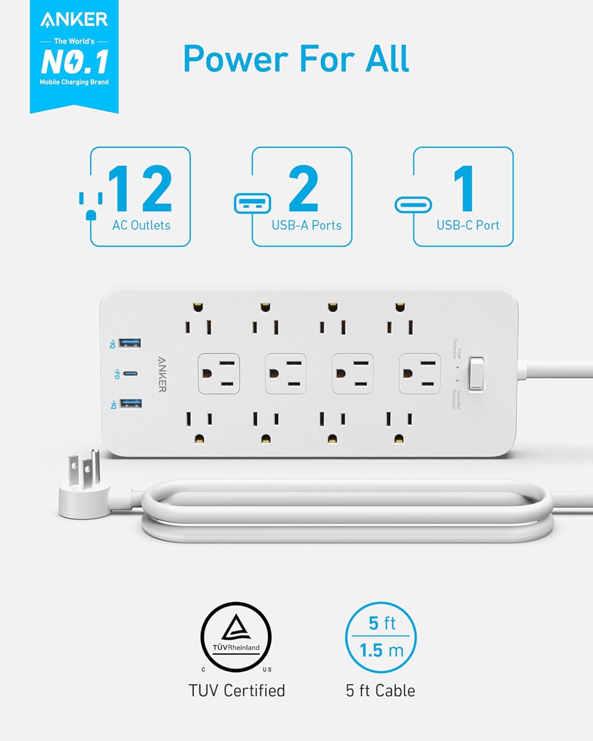 Anker Power Strip with 3 USB Ports, Surge Protector (2100J-5ft), 12 Outlets with 2 USB-A Ports and 1 USB-C Port,Flat Plug, Compatible with iPhone 16/16 Pro/16 Pro Max, for Home,Office, TUV Listed