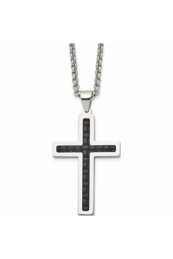 Stainless Steel Polished Black Genuine Leather Inlay Cross 20In Necklace Made In China -Jewelry By Sweet Pea