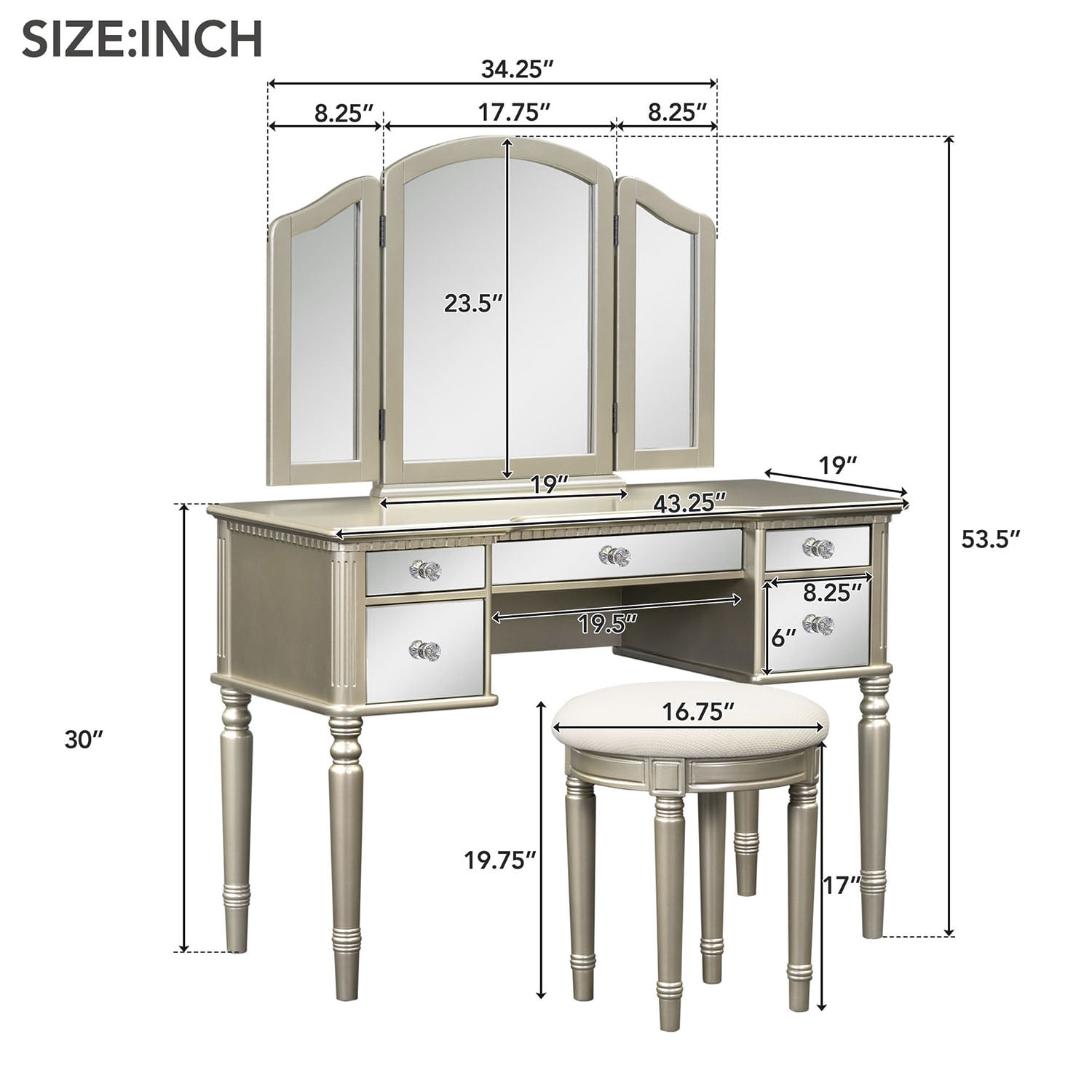 Resenkos 43" Dressing Table Set with Mirrored Drawers and Stool, Tri-fold Mirror, Makeup Vanity Set for Bedroom, Gold Resenkos 43" Dressing Table Set with Mirrored Drawers and Stool, Tri-fold Mirror, Makeup Vanity Set for Bedroom, Gold
