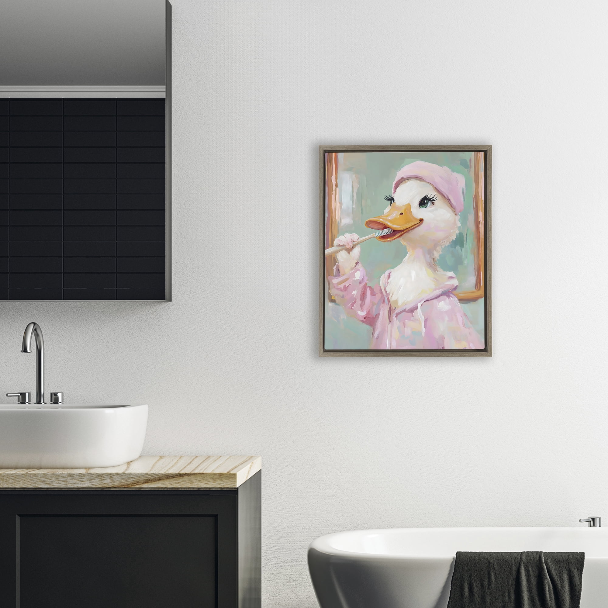 Stupell Industries Duck Brushing Teeth Brown Framed Floater Canvas Wall Art, design by The Prints Vibe