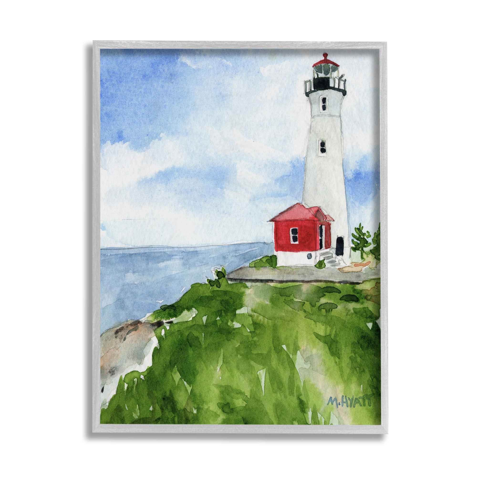 Stupell Industries Beach Cliff Lighthouse Ocean Overlook Landscape Grey Framed, 11 x 14, Design by Melissa Hyatt LLC